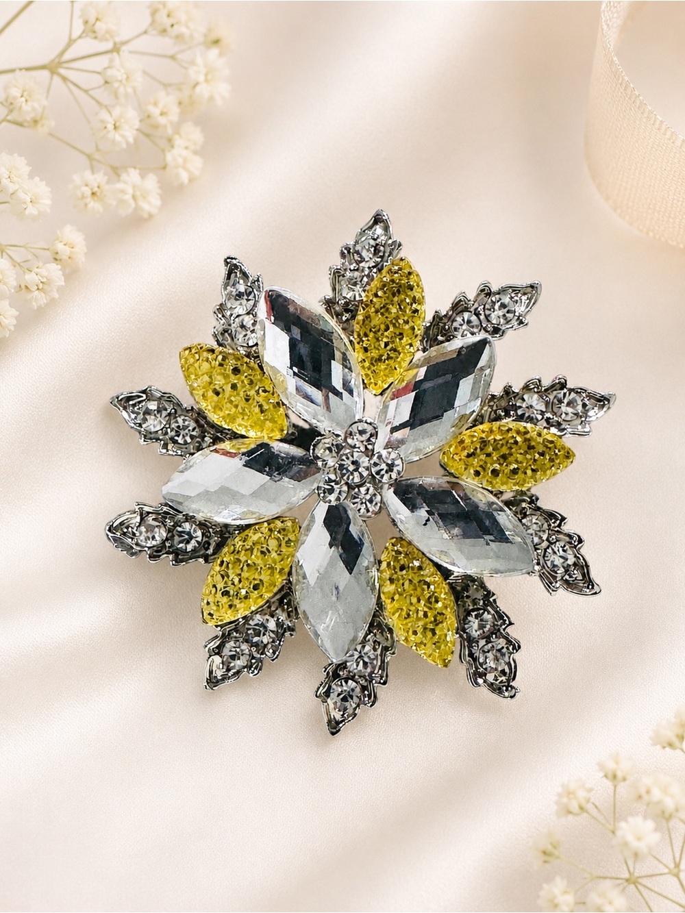 Vintage Silver Tone Rhinestone & Yellow Crystal Floral Starburst Brooch Pin 2”
